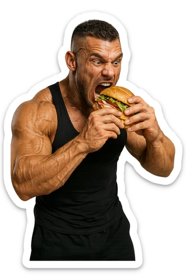 bodybuilder che mangia affamato un panino, iperrealistico 4k sticker