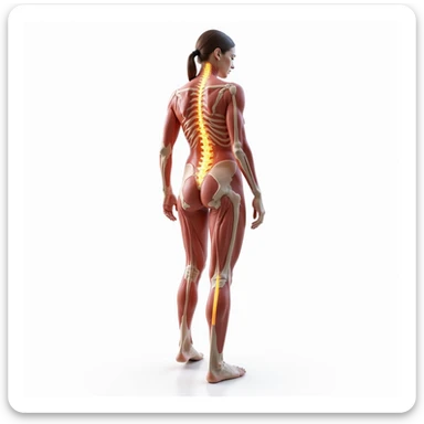 hyperrealistic 4K anatomical view of a standing woman with one leg slightly bent, highlighting the sciatic nerve: visible spine, sciatic nerve, muscles visible, white background sticker
