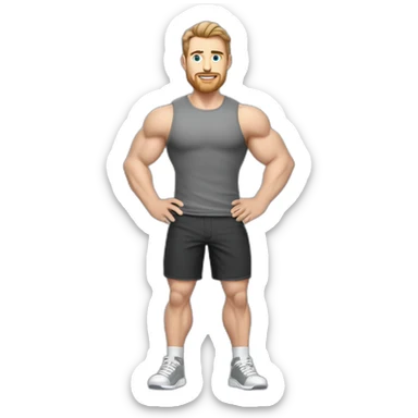 Full height Pale skinned muscular man With Realistic eyes and mouth, light brown hair and stubble In dark gray sleeveless mike, black oversize sports shorts, watch and white sneakers. sticker