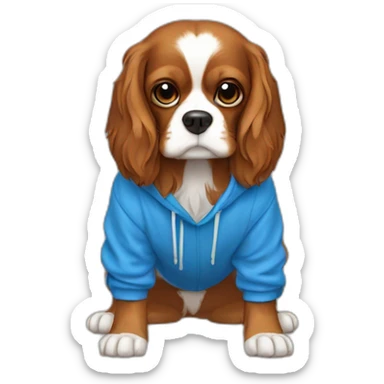 Fully Brown/golden, no white, cavalier King Charles spaniel dog with blue hoodie on, over his head sticker