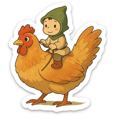 ghibli style chicken jockey small character riding a chicken sticker