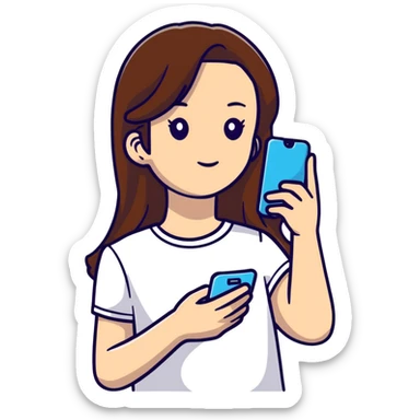 girl with long brown hair wearing a white top holding a smartphone sticker