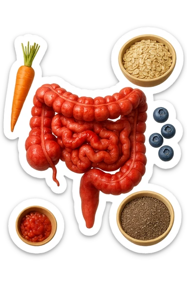 intestino umano anatomico infiammato al centro con carota, bowl di avena, mirtilli, bowl di semi di chia che gli fluttuano intorno , iperrealistico 4k sticker