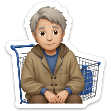 A man in oversized old clothes sat next to a shopping cart half body, looking around with gentle, hopeful eyes. sticker