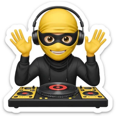 Make a customized yellow head emoji with hands and holding a dj turn table  in a ninja face mask sticker