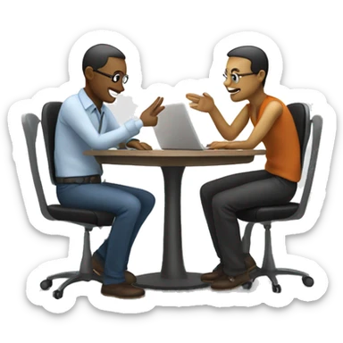 An emoji showing two people sitting at a round table with a laptop and papers, discussing about AI in a collaborative and professional way. sticker