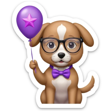 dog holding purple star balloon in hand with black glasses close view  sticker