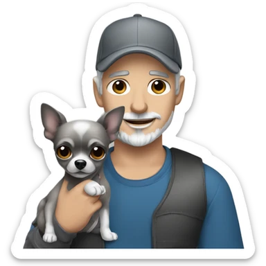 man blue eyes gray hair gray goatee ball cap holding black longhair chihuahua  sticker