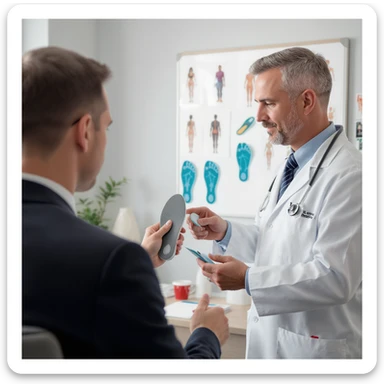vertical scene in a professional medical office, a doctor showing orthotic insoles to a client but also pointing to a board with postural exercises and images of other specialists, suggesting insoles are not the definitive solution, professional illustrative style sticker