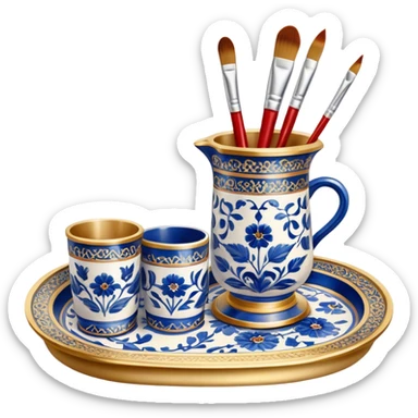 Metal painting icon, a metal vase, tray and metal cup with brushes, each decorated with different techniques: Gzhel-style blue floral patterns, Chinese red and gold designs, and intricate Golden embroidery-style details. Visible fine paintbrush, paint pots, and accessories like porcelain palette, minimalistic style, clean lines, transparent background. sticker