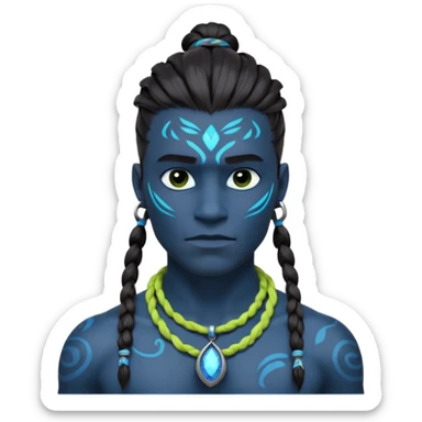 avatar-style Na’vi male portrait, head and shoulders only, blue skin, bioluminescent markings, strong face features, braided hair, tribal necklace, heroic expression, 3D cartoon, mobile game icon style, clean background, no text, no watermark
 sticker