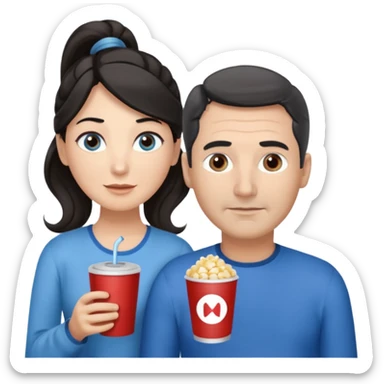 middle-aged couple Watches a movie in the living room • Physical description: • man: brown eyes; very short grayish-black hair • woman: Long wavy silver grayish-brown hair tied in a ponytail; blue eyes sticker