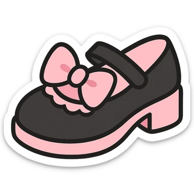 Refine the kawaii BLACKPINK-inspired gothic shoes by adding a large cute bow as the main motif, keeping the scalloped edge detail. Emphasize the black and pink color contrast, playful and stylish, no hearts, transparent background. sticker