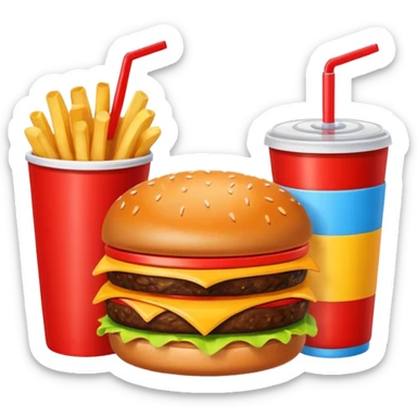 A clean and simple icon of fast food in emoji-style illustration. A burger with fries and a soda cup, bright and bold colors, simple shapes, flat design, high contrast, inviting and appetizing. sticker