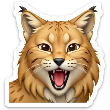 Cinematic-detailed-Yawning-Lynx-Portrait-Emoji – Head tilted slightly with a dramatic, wide-open yawn, revealing a sleek golden-brown fur coat with subtle spots, signature black ear tufts standing tall, round amber eyes barely open in drowsy contentment zoomed out to show the shoulders sticker