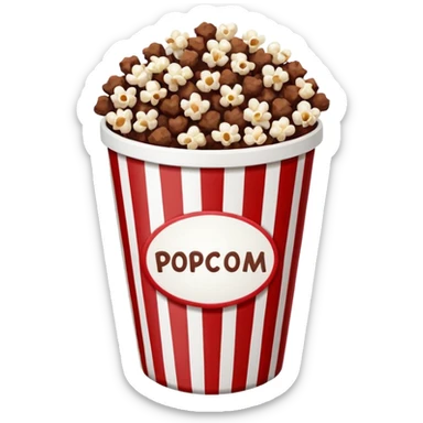 Chocolate popcorn in a paper jar with red and white vertical lineso sticker