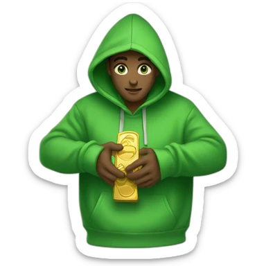Men green eyes wear hoodie and keep and hand one gold ingot sticker