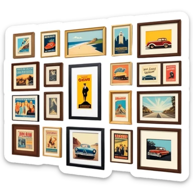 Icon for Photograph and Poster Collecting: a collection of vintage photographs and movie posters, neatly displayed on a wall or in frames. The icon should evoke the nostalgia and artistic value of collecting rare images and posters. Transparent background. sticker