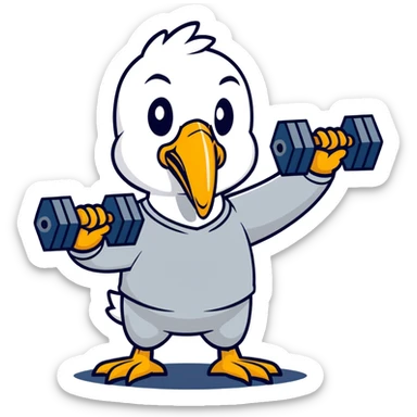 A pelican in a tracksuit is working out at the gym. sticker