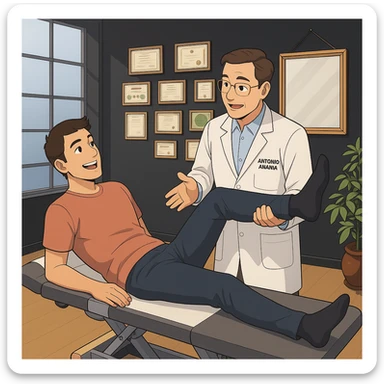 su questo lettino rappresenta un webtoon manga a colori con questo stile, in cui un uomo è steso sul lettino medico e il kinesiologo con il camice bianco (fagli anche la scritta "ANTONIO ANANIA" SUL CAMICE, gli solleva una gamba per fargli il test neuromuscolare, IL KINESIOLOGO SPIEGA ALL'UOMO UNA cosa mentre gli alza la gamba. l'espressione dell'uomo è felice e soddisfatta, non fare i fumetti però, fai solo in modo che sembri stiano parlando sticker