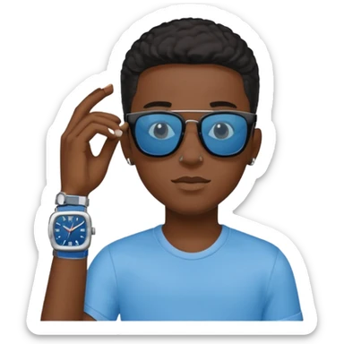 Un garçon noir avec des lunettes de soleil un peu bleu avec un cadran plutôt carré et SANS QU’ON VOIT SES YEUX. Et au dessus de sa tête il y a écrit BOUSs on dois pas voir ses yeux sticker