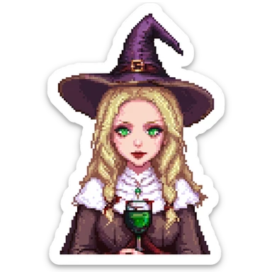 pale sorceress, wavy blonde hair, green eyes, wine lipstick, witch hat, pixel art sticker
