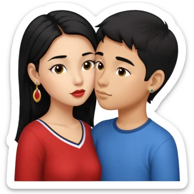 Ragazza con capelli lunghi e neri che bacia ragazzo peruviano con capelli neri, corti e orecchini sticker