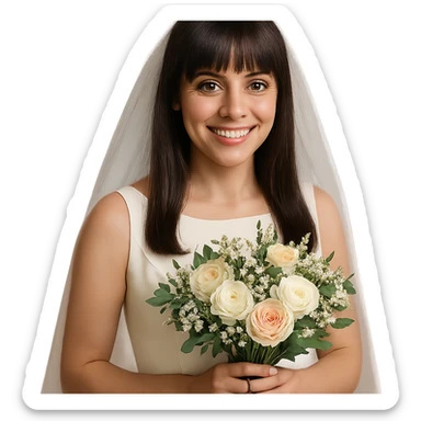 bride with light skin, hazel eyes, brunette straight hair with bangs, holding a bouquet, smiling sticker