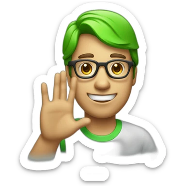 a man, green rubies on his head, waving hello, wearing glasses sticker