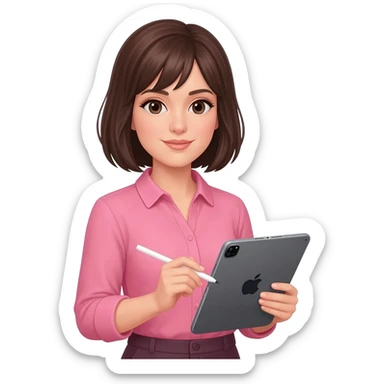 Brune aux cheveux court sans frange qui prend son temps tout doucement avec son grand iPad et un Apple Pencil. Vêtements rose sticker