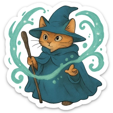ghibli style wizard cat with a cloak and magical aura sticker