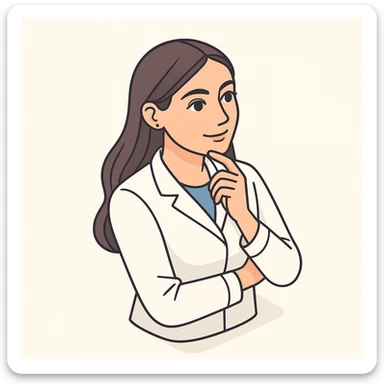 A girl doctor with dark long straight hair, detailed brown eyes (not just dots), wearing a white medical coat, in 2D isometric style with a minimalist background, thoughtful finger on chin, with a slight half-smile expression. sticker
