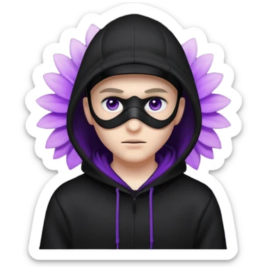 no visible face cartoon blacked character related to a shadow, with all black clothes, focusing a hoodie with his cap on, and a black facemask, just his purple shadow eyes making a light bloom sticker