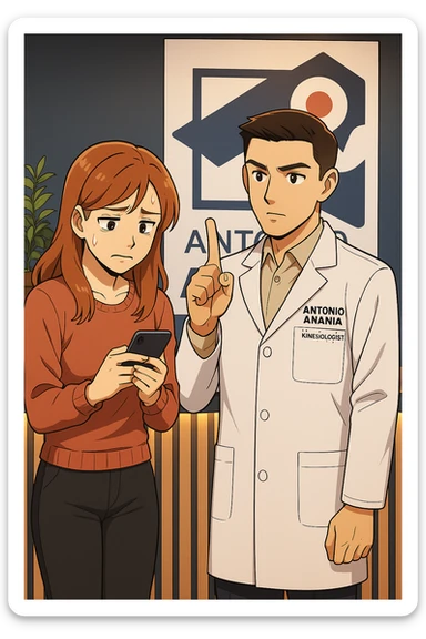 su questo stile fai un manga/webtoon a colori in cui una donna CONTROLLA LO SMARTPHONE MENTRE PARLA CON L'UOMO, l'uomo della foto in stile manga LE DICE DI "NO" CON IL DITO, mantieni un ambiente simile alla foto che ho allegato con il suo logo (sarebbe il suo studio, lui è un kinesiologo), scrivigli "ANTONIO ANANIA" sul camice bianco, non mettere fumetti, ma fai in modo che sembri che la donna CONTROLLI LO SMARTPHONE E L'UOMO CON I GESTI LE FACCIA CAPIRE CHE STA SBAGLIANDO sticker