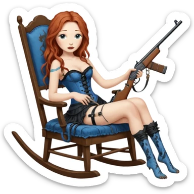 realistic cinematic Tori Amos sits on a rocking chair in a torn corset, holding an antique rifle and her bare feet are muddy. A blue snake is wrapped around the chair. sticker