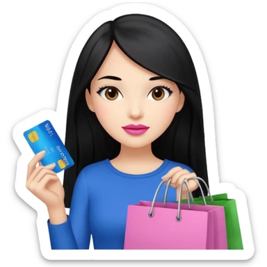 Girl with long black hair, pink lipstick, brown eyes holding shopping bags and blue credit card sticker