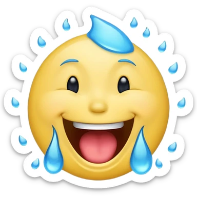 Emoji, yellow round laughing hysterically face, with blue tears of joy on it.  sticker