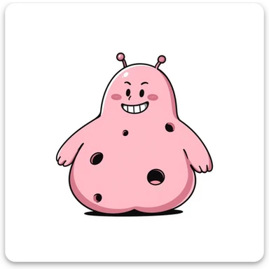 Majin Buu from Dragon Ball Z, pink blob monster with holes, antenna on head, mischievous smile sticker