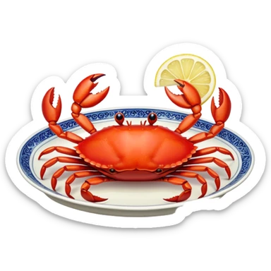crab on a porcelain platter with lemon  sticker