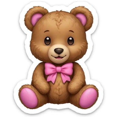 A teddy bear with a pink accessory sticker