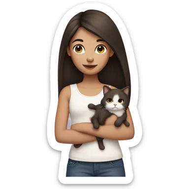 Dark brown straight hair girl holding white fluffy cat  sticker