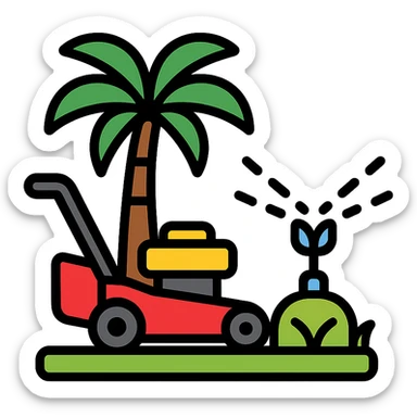 lawn care service icon with lawn mower on grass, palm tree behind, water sprinkler spraying, clear friendly design sticker