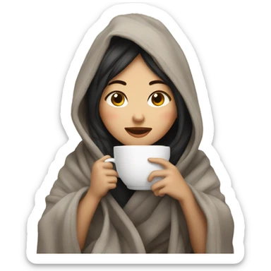 Asian girl wrapped in cozy blanket drinking coffee sticker