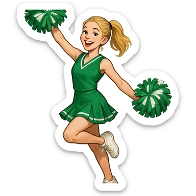 blonde cheerleader with ponytail, Kelly green uniform, holding pom-poms, dynamic stance, cheerful expression sticker
