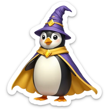 "A wizard penguin with a yellow hat and a long, flowing cape. The penguin is floating slightly above the ground, surrounded by swirling magical energy and glowing runes in the airyellow wizard hat sticker