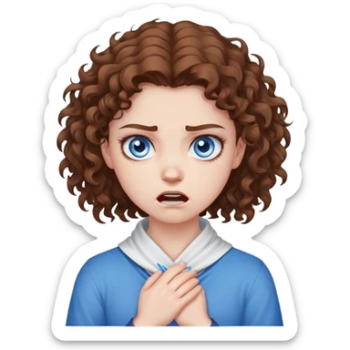 girl with brown curly hair and blue eyes with an angry expression with hands around her neck in a cross sticker