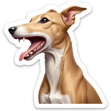 Cinematic Cute Yawning Fawn Greyhound Portrait Emoji, Head tilted slightly with a dramatic, wide-open yawn, showcasing a smooth fawn Fur with a refined finish, floppy ears slightly drooping, round eyes barely open in drowsy contentment, Simplified yet irresistibly adorable features, highly detailed, glowing with a soft, cozy glow, high shine, relaxed yet expressive, stylized with a touch of whimsy, bright and endearing, soft glowing outline, capturing the essence of a sleepy yet affectionate companion, so drowsy it feels like it could stretch out of the screen and curl up for a nap! sticker