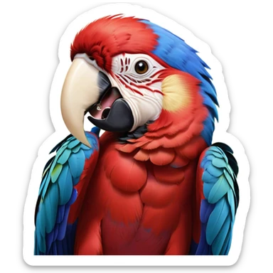 Cinematic Realistic Cute Yawning Macaw Portrait Emoji, Head tilted slightly with a dramatic, wide-open yawn, showcasing a soft, downy arrangement of vivid scarlet and blue feathers with gently drooping features and half-closed, drowsy eyes, rendered with lifelike feather detail and natural lighting, high shine, relaxed yet expressive, styled with a dash of tropical whimsy, soft glowing outline, capturing the essence of a sleepy yet affectionate macaw that appears ready to rest its wings in a quiet, enchanted moment! sticker