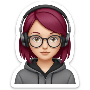 white girl with burgundy hair, gray glasses, black deportive hoodie and black headphones sticker