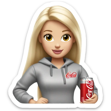 Blonde Barbie wearing light gray sweatshirt, holding a Diet Coke  sticker